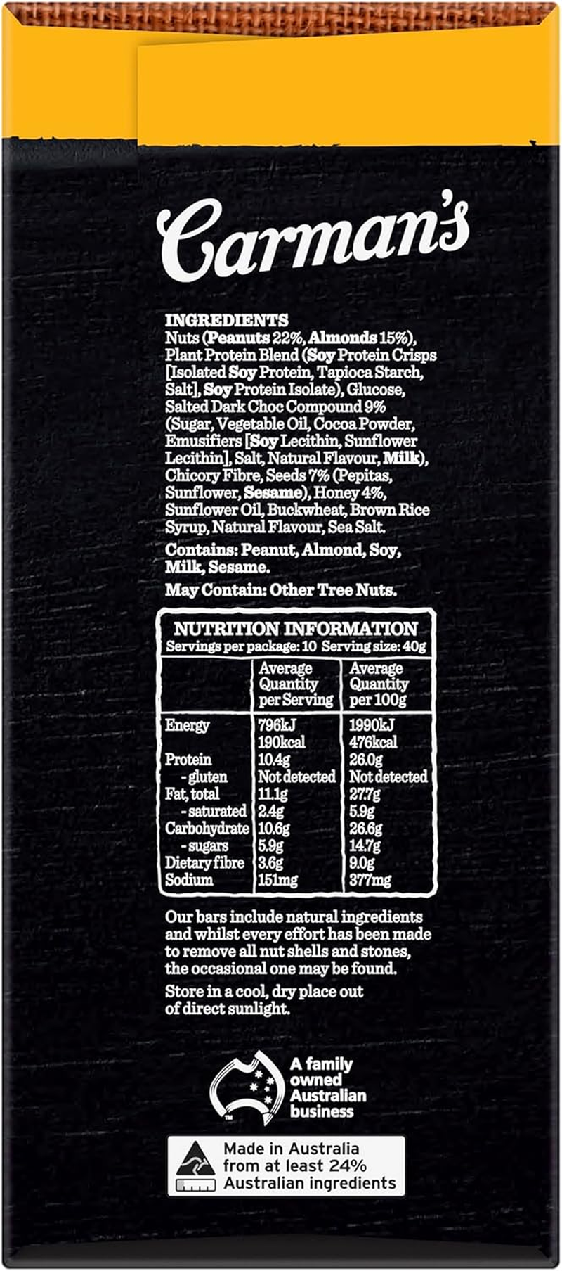 Carman'S Salted Dark Choc Almond Protein Bar Value Pack 10X40G image number 4