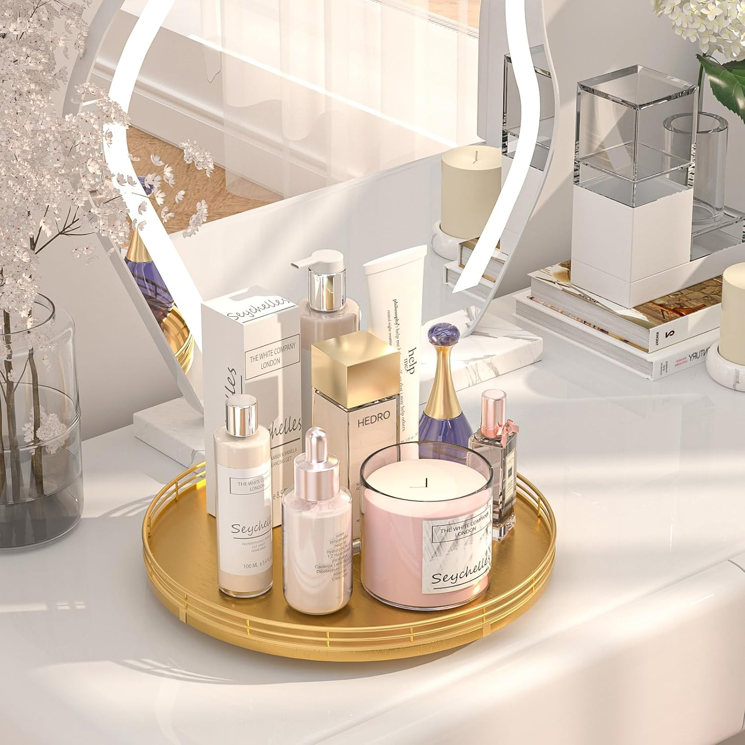 13" Gold Lazy Susan for Table Top, Oak Wood Lazy Susan Turntable Organizer for Dining Coffee Table Centerpiece Bar Decor Kitchen Countertop Bathroom Vanity Decorative Tray for Perfume Jewelry Round image number 4