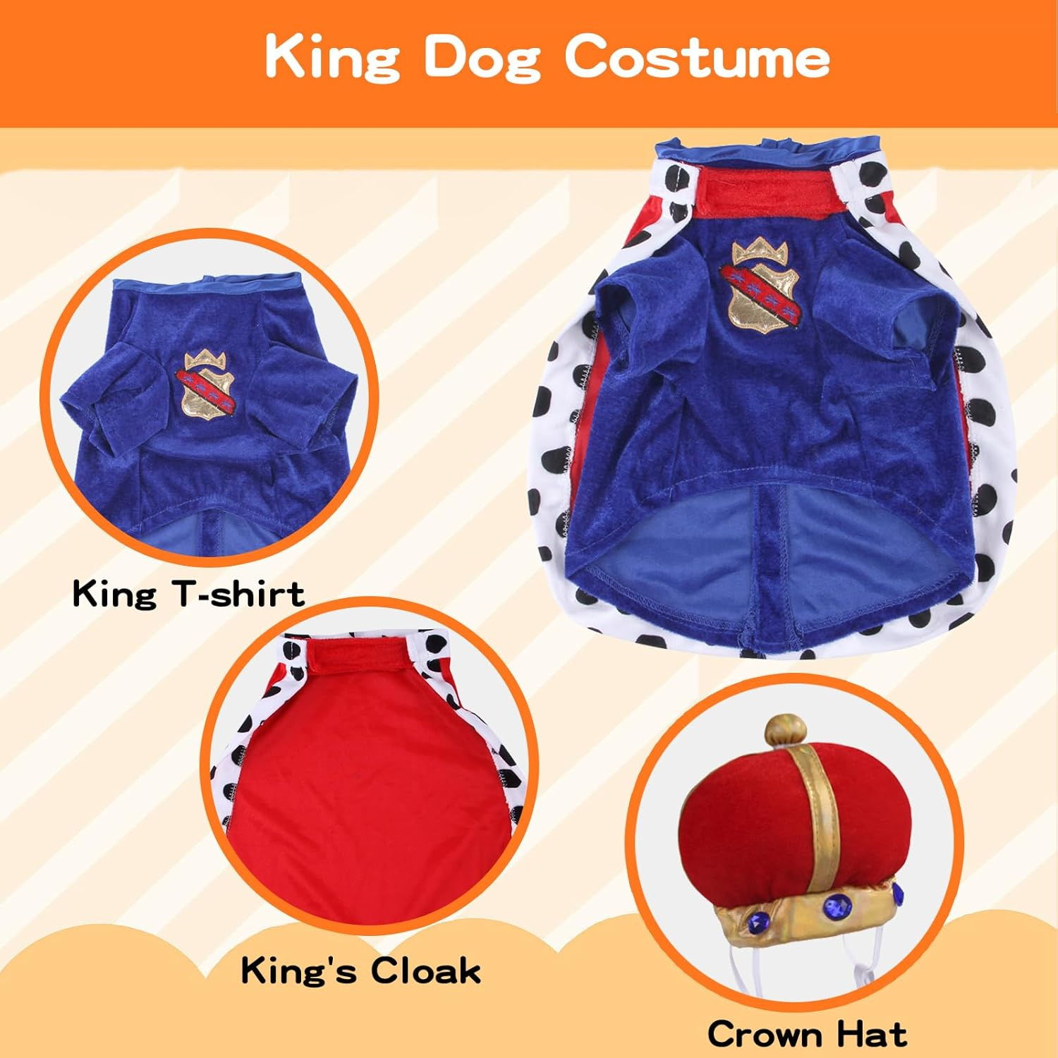 Dog King Costume - Halloween Prince Dog Costume, Pet King Cloak Costumes Includes Ruby Crown Hat & Cape for Small Medium Dogs Pets, Puppy Royal Cosplay Outfit for Halloween Christmas Party, X-Large