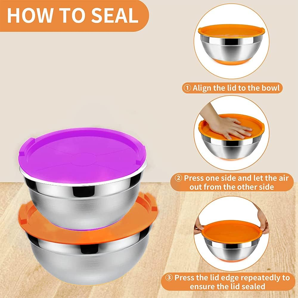 Mixing Bowls with Airtight Lids, 5-PCS Stainless Steel Bowls Set, Non-Slip Bottoms, Size 1.23/1.76/2.2/3/3.6QT, Great for Mixing, Baking and Serving image number 3