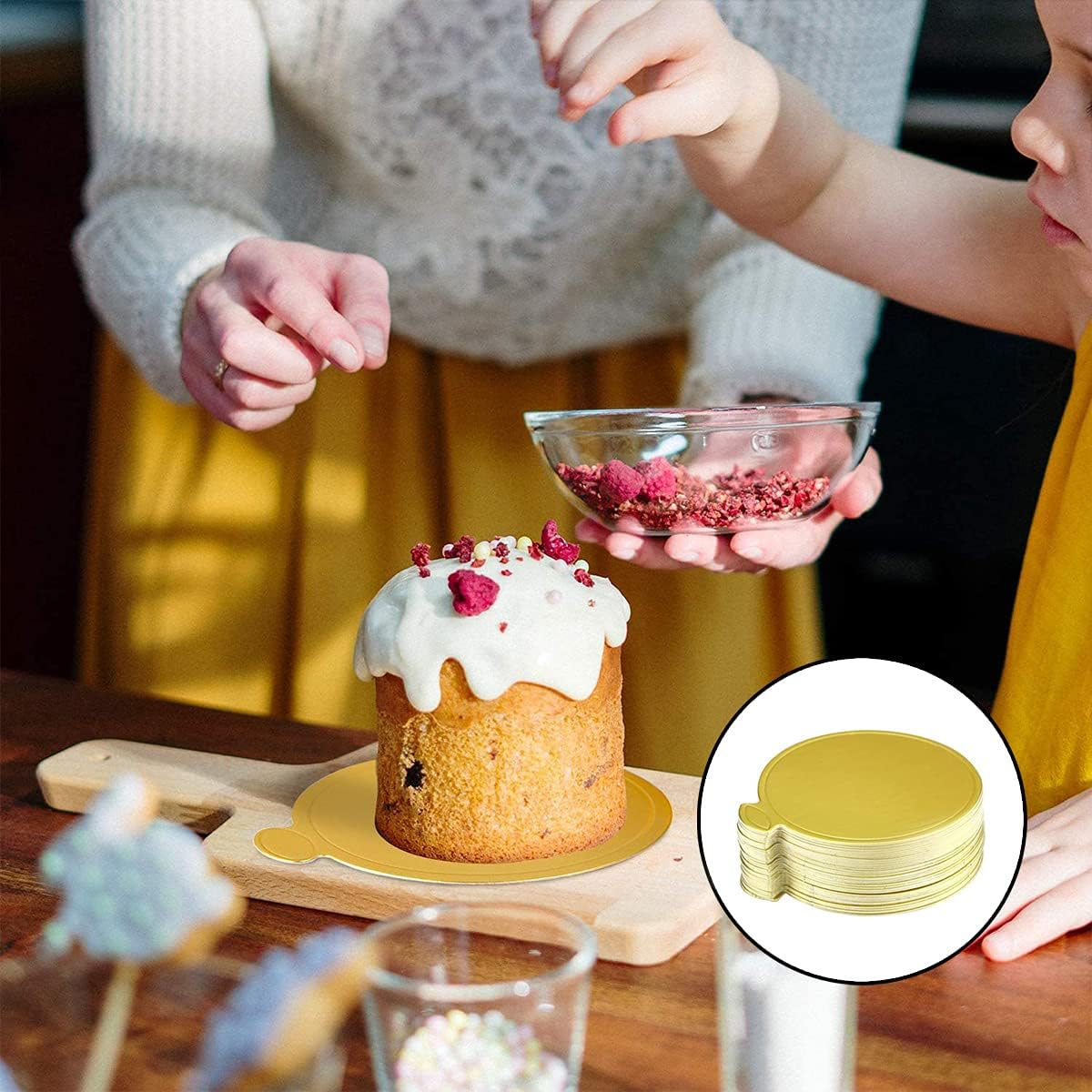 WELANE Mini Cake Board, 30 PCS Gold Mousse Cake Base for Dessert Displays (9Cm/3.5 Inch) image number 1