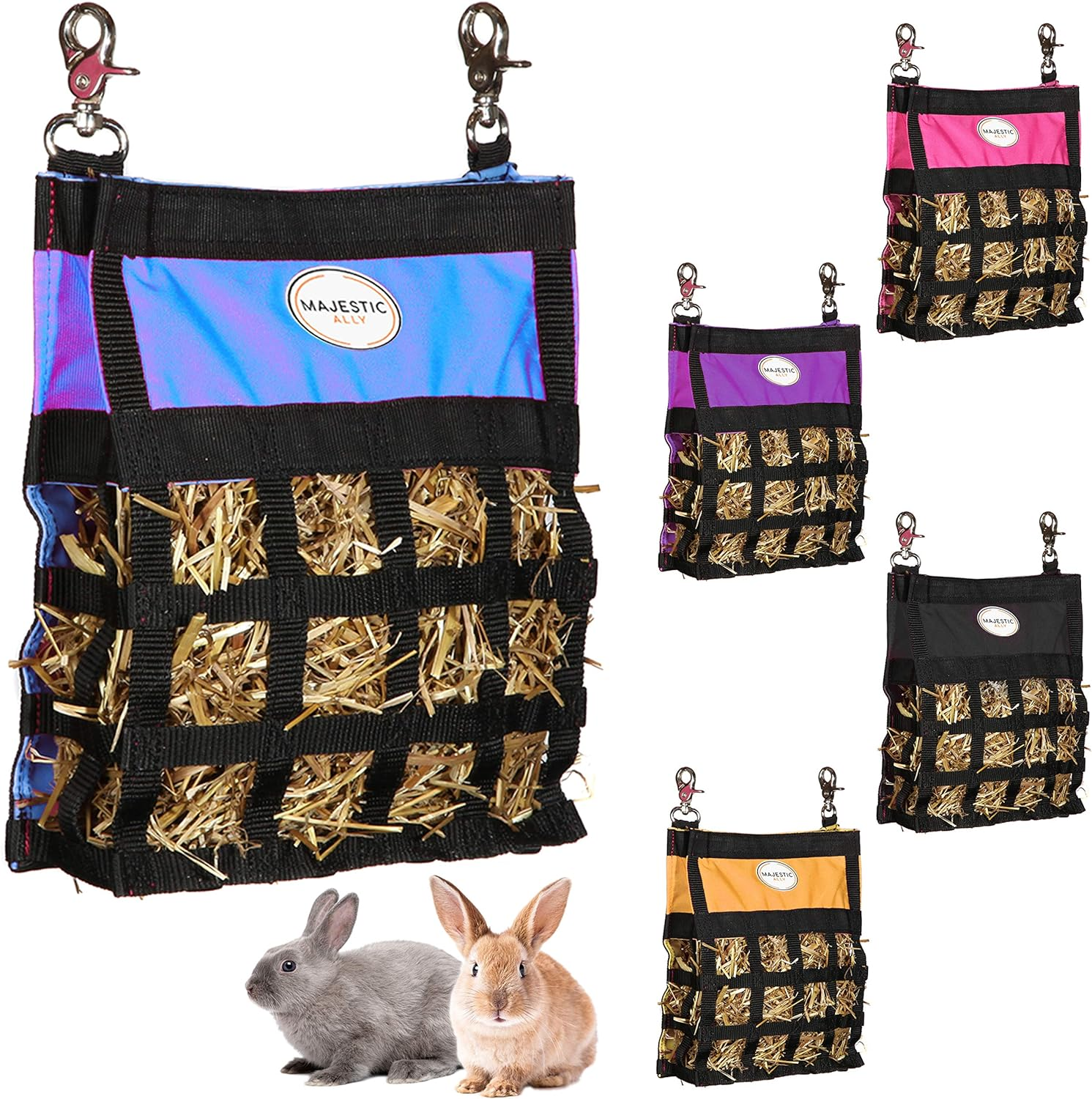 Majestic Ally Guinea Pig Hay Feeder &ndash; Rabbit Hay Feeder &ndash; Premium Quality Highly Durable Nylon &ndash; Three Side Open Slow Feed Hay Bag for Small Animals &ndash; 5 Lovely Colors (Orange)