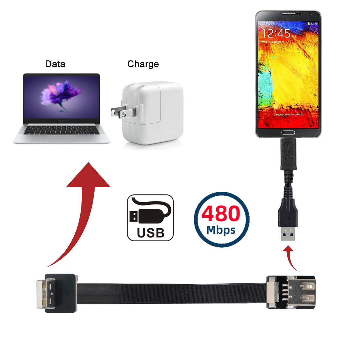 Cablecc up Angled USB 2.0 Type-A Male to Female Extension Data Flat Slim FPC Cable for FPV & Disk & Scanner & Printer 100CM image number 2