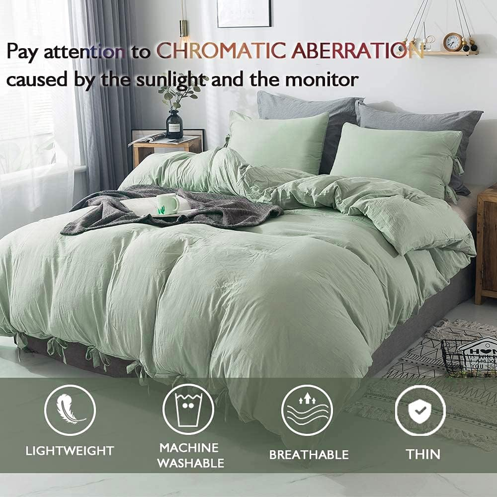 Annadaif Sage Green Duvet Cover Queen Size, 3 Pieces Soft Washed Microfiber Duvet Cover Set, Comforter Cover with Bowknot Bow Tie (1 Duvet Cover 90X90 Inch, 2 Pillowcases) Easy Care Bedding Set image number 3