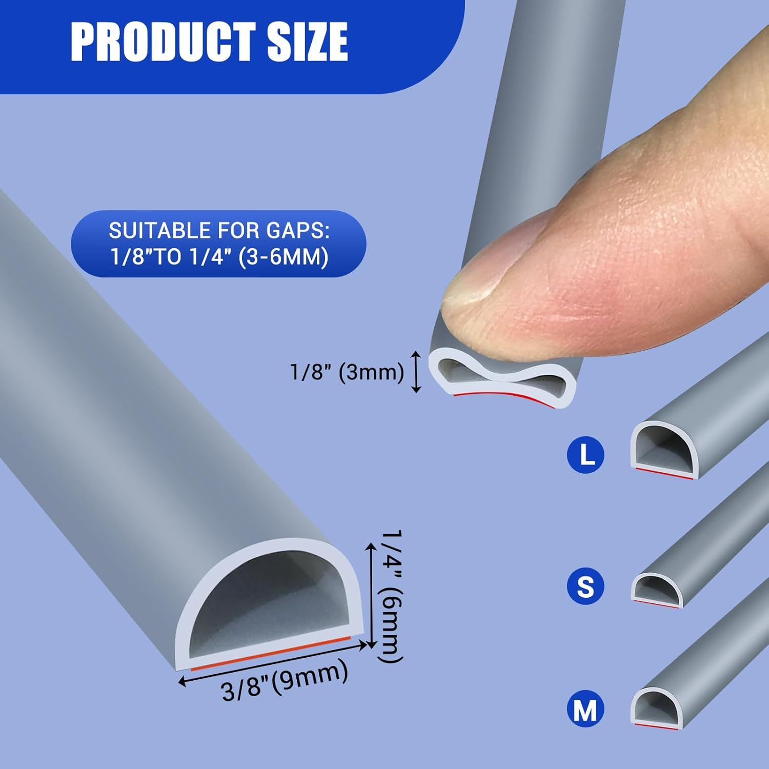Weather Stripping Door Seal, Self Adhesive Silicone D Shaped Weather Strip, Door Seal Strip for Door Frame/Window Seal, 20Ft, Grey (3/8" W &times; 1/4" T) image number 1