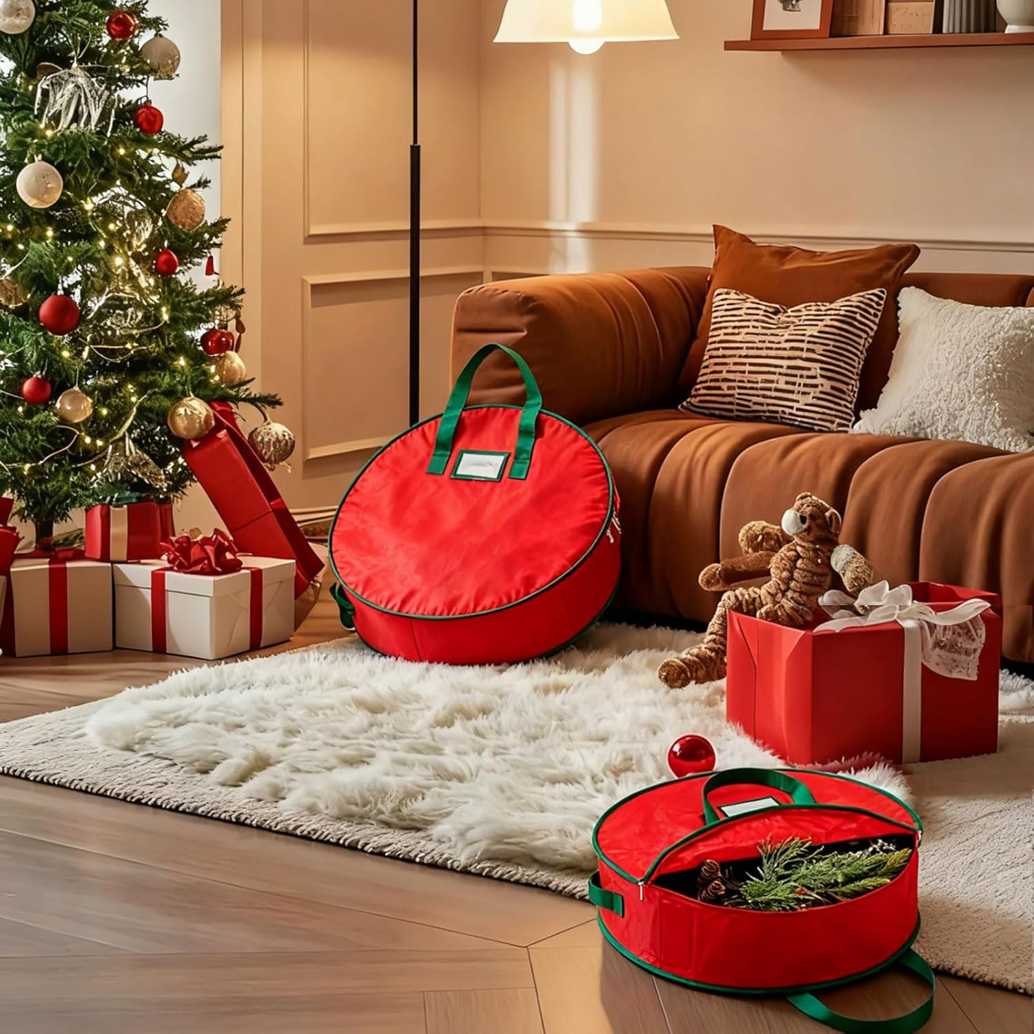 24 Inch Christmas Wreath Storage Bag Garland Wreaths Container &ndash; Waterproof Red Holder with Handles & Label Slot &ndash; Decorative Wreath Storage Container for Seasonal Decoration Storage, 61 X 61 X 18Cm image number 2