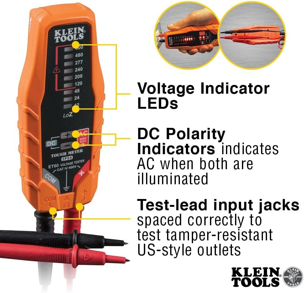 Klein Tools Electronic AC/DC Voltage Tester, Tests AC/DC Voltage from 12-600V, ET60