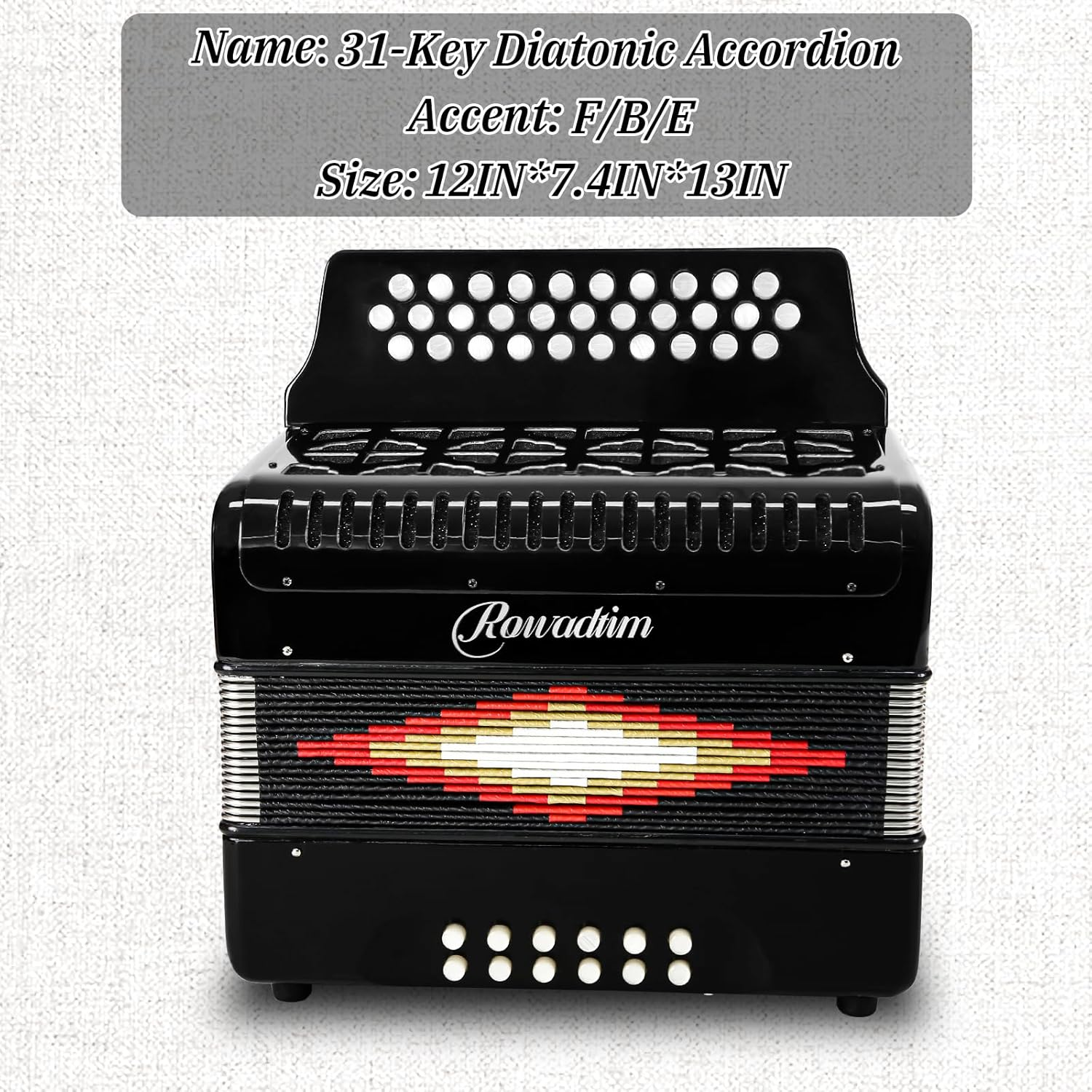 Accordion - 31 Keys, 12 Bass Professional Diatonic, Premium Portable Button Accordion for Adults & Beginners with Thick Protective Case (Black) - Gray image number 2