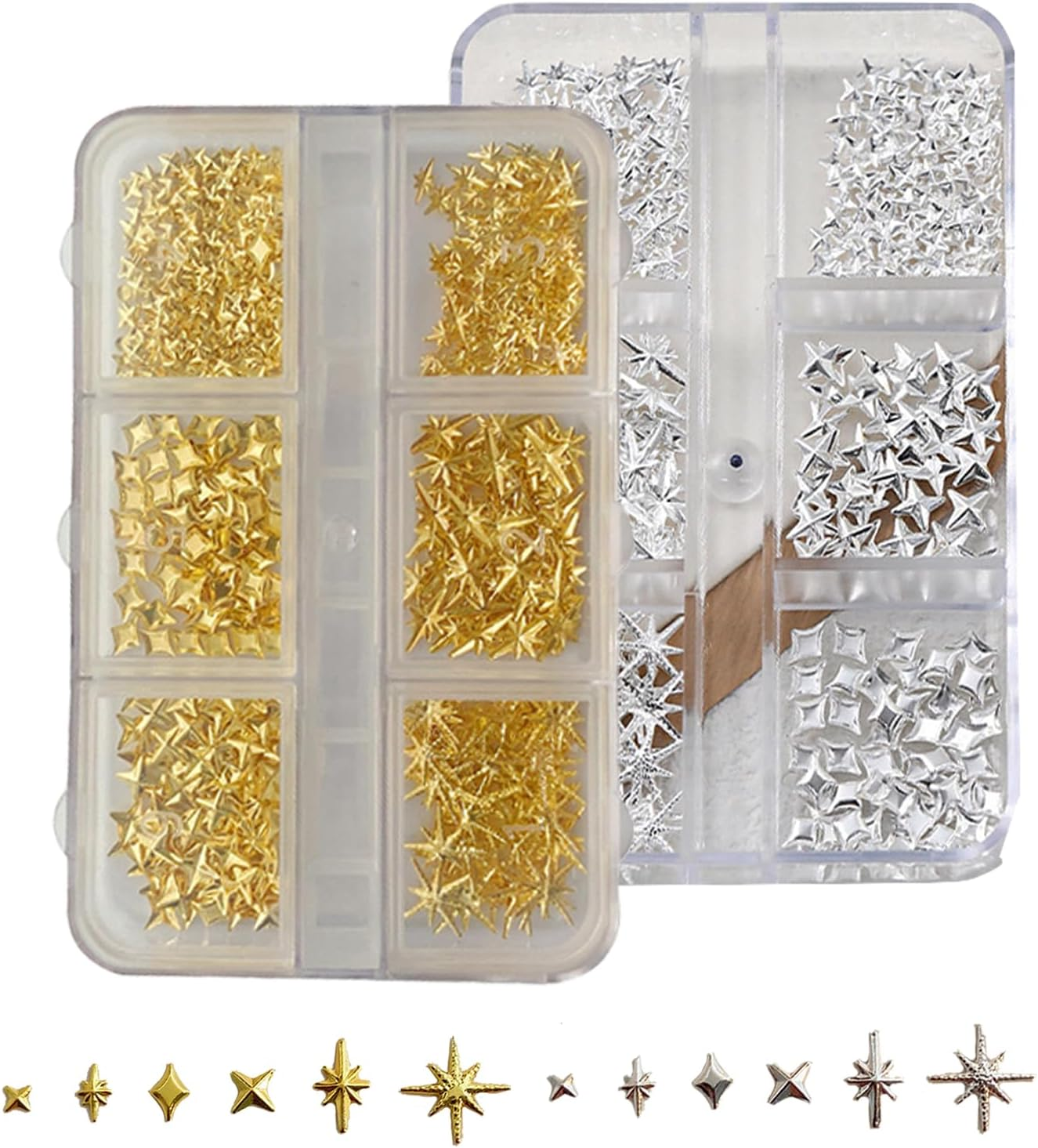 4 Boxes 24 Grids Star Nail Charms, Premium 3D Gold & Silvery Star Charms for Nails Art, Metallic Studs & Rhinestones Nail Jewelry Decorations, Manicure Kit Supplies for Women & Girls