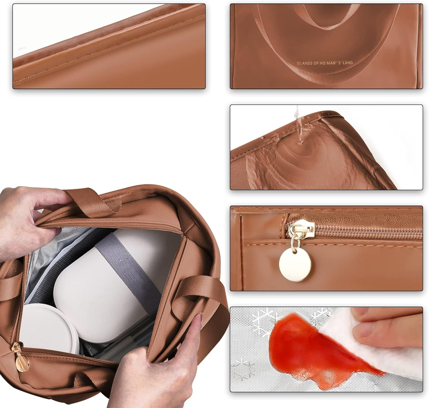 Lunch Bag for Women, 9.5L Insulated Lunch Bag,Pu Leather Lunch Bag, Waterproof and Leakproof,With Compartments,Widened Handles, Large Capacity and Foldable, Suitable for Office, School,Outdoor (Brown) image number 2