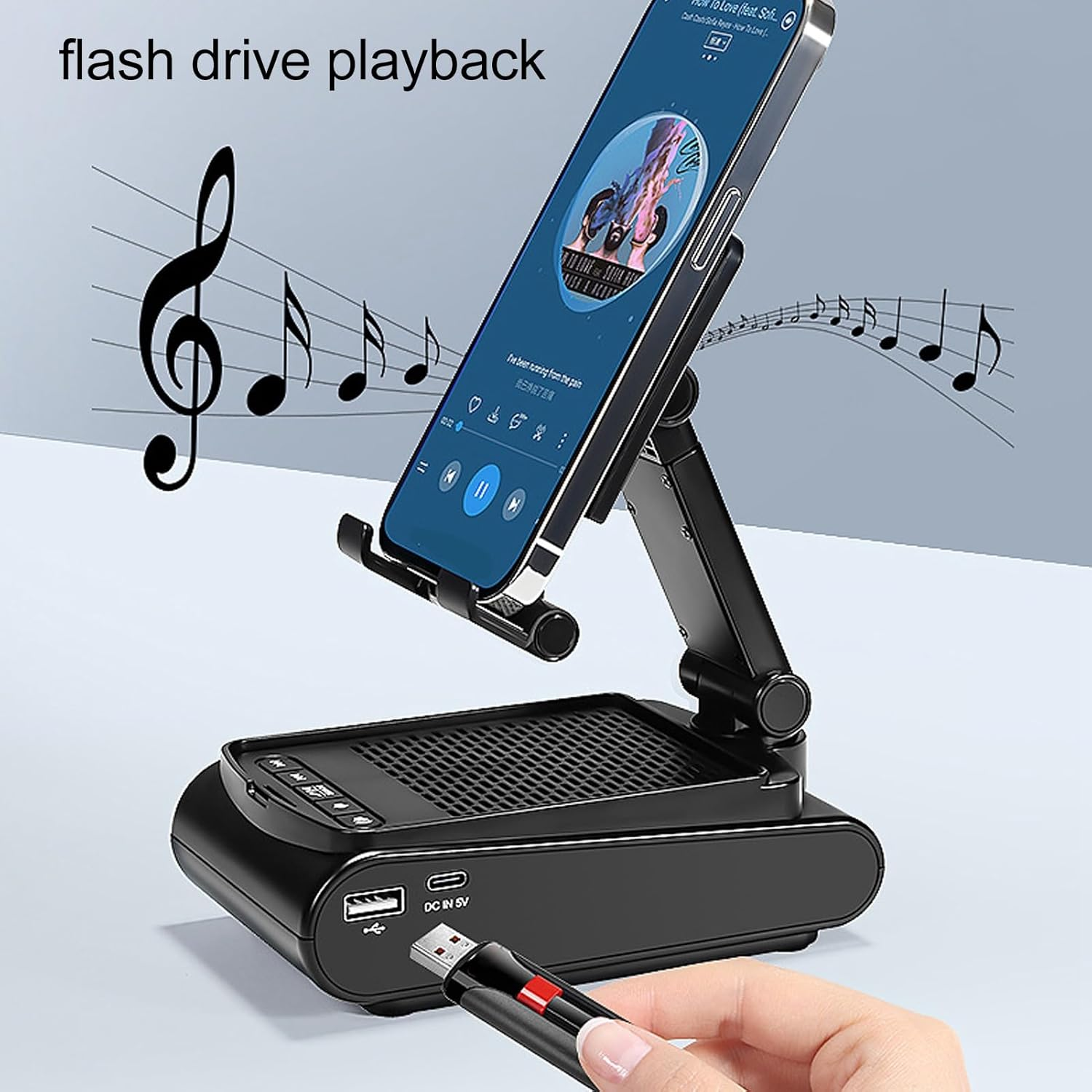 Asixxsix Cell Phone Stand with Wireless Speaker, anti Slip Foldable Adjustable Phone Tablet Holder Speaker HD Surround Sound with Charging Cable for Home Office Outdoor image number 1