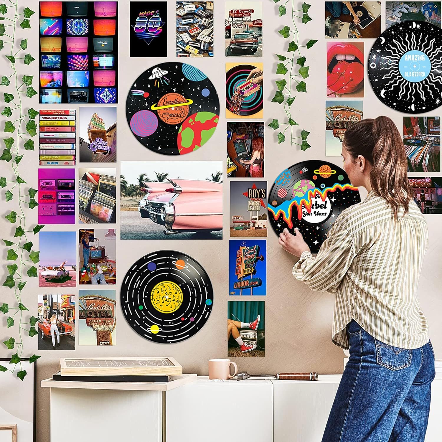 HK Studio Vintage Decor Records for Wall Aesthetic 11.4'' Pack 4 - PVC, Actual Vinyl Size Indie Record Dorm, Boy & Girl Room Hippie Multicolor