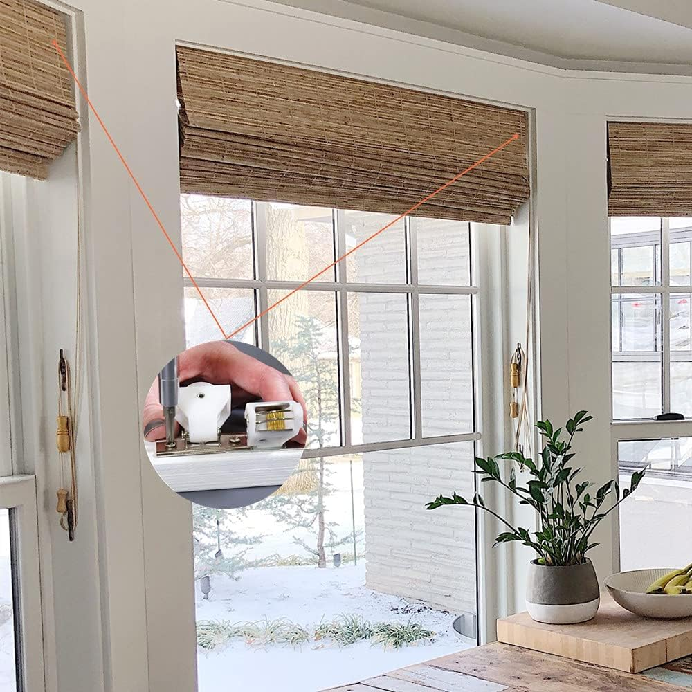 4Pcs Cord Lock Mechanism and Cord Idler Pulley Swivel Type White Plastic and Stainless Steel Bracket for Roman Blinds Woven Wood Shades and Bamboo Blinds image number 4