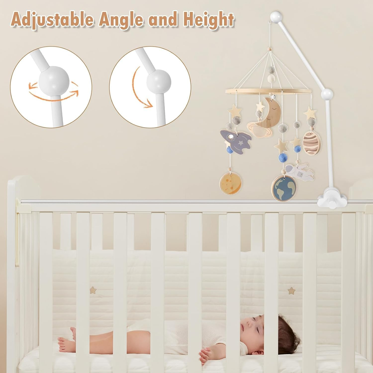27 Inch Wooden Baby Crib Mobile Arm, Adjustable Angle & Height, Non-Skid, Easy to Install, Unisex Baby, Crib Mount image number 5