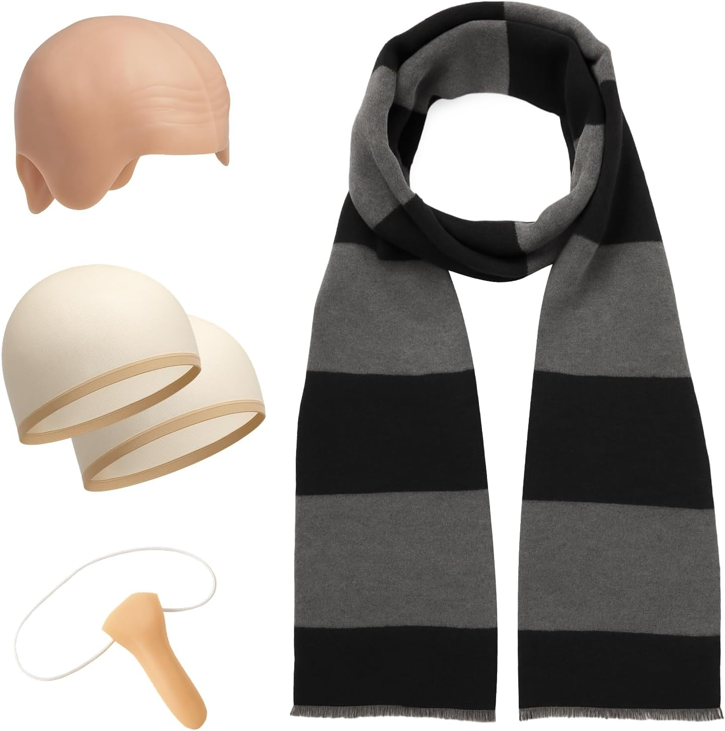 CFKEMZY 5 Pcs Halloween Costume Accessories Set for Adults - Extra Thick & Long Black Gray Striped Scarf, Fake Nose, Longer Latex Bald Cap Wig image number 2