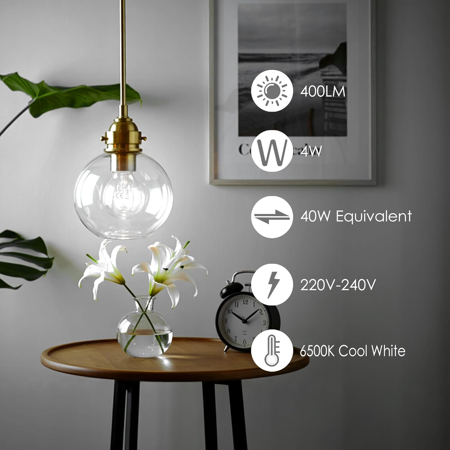 FTL E14 LED Bulb Small Edison Screw,G45 4W Vintage Edison LED Golf Ball Bulb 6500K Cool White,400Lm 40W Equivalent Non-Dimmable SES Clear Galss LED Globe Filament Bulbs,Pack of 6 image number 6