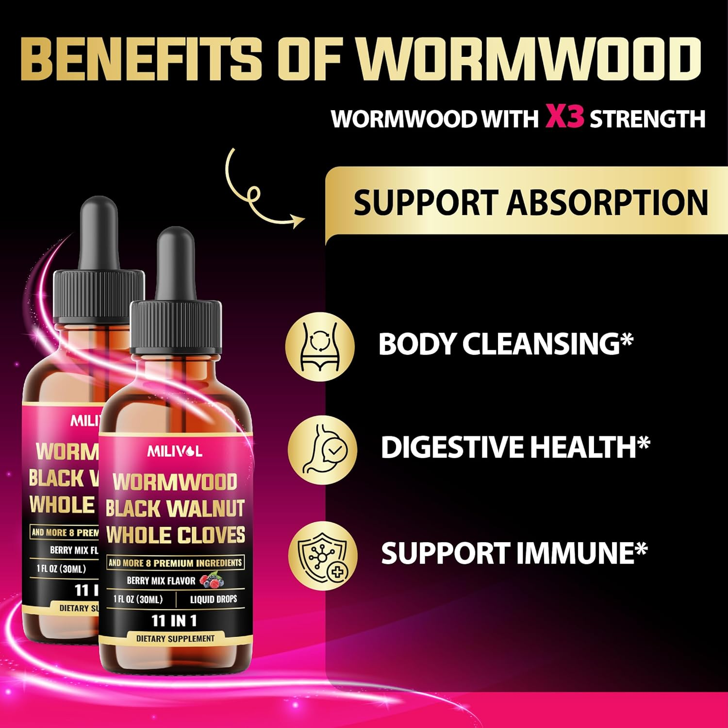 [2 Packs of 1Fl Oz 11In1 Liquid Drops Black Walnut Wormwood Tincture Extract with Whole Cloves, Berberine and 8 More - 4 Months Supply - Berry Mix Flavor image number 5