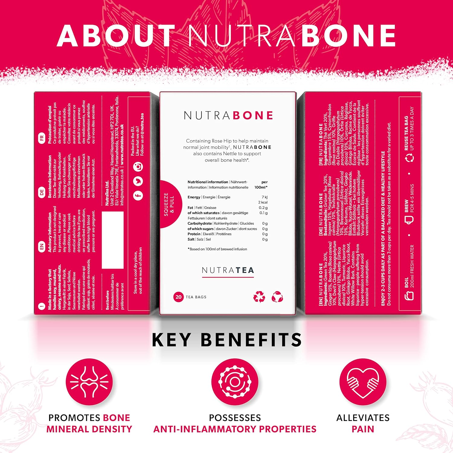 NUTRABONE - Bone Health Tea | Bone Strength Tea - Helps Maintain Bone Density & Joint Care - Includes Ginkgo Biloba, Rosehip & Devil'S Claw - 20 Enveloped Tea Bags - by Nutra Tea - Herbal Tea image number 1