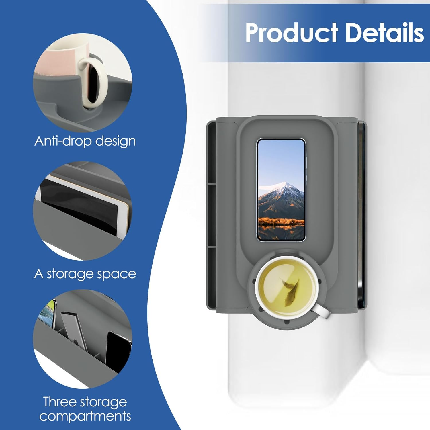 Fwqofvk Silicone Sofa Couch Cup Holder with Side Pocket, Easy to Install Silicone Armchair Cup Holder, Versatile Sturdy Sofa Armrest Tray, Couch Drink Holder for Living Room 48X29.5X11Cm (Grey) - White image number 2