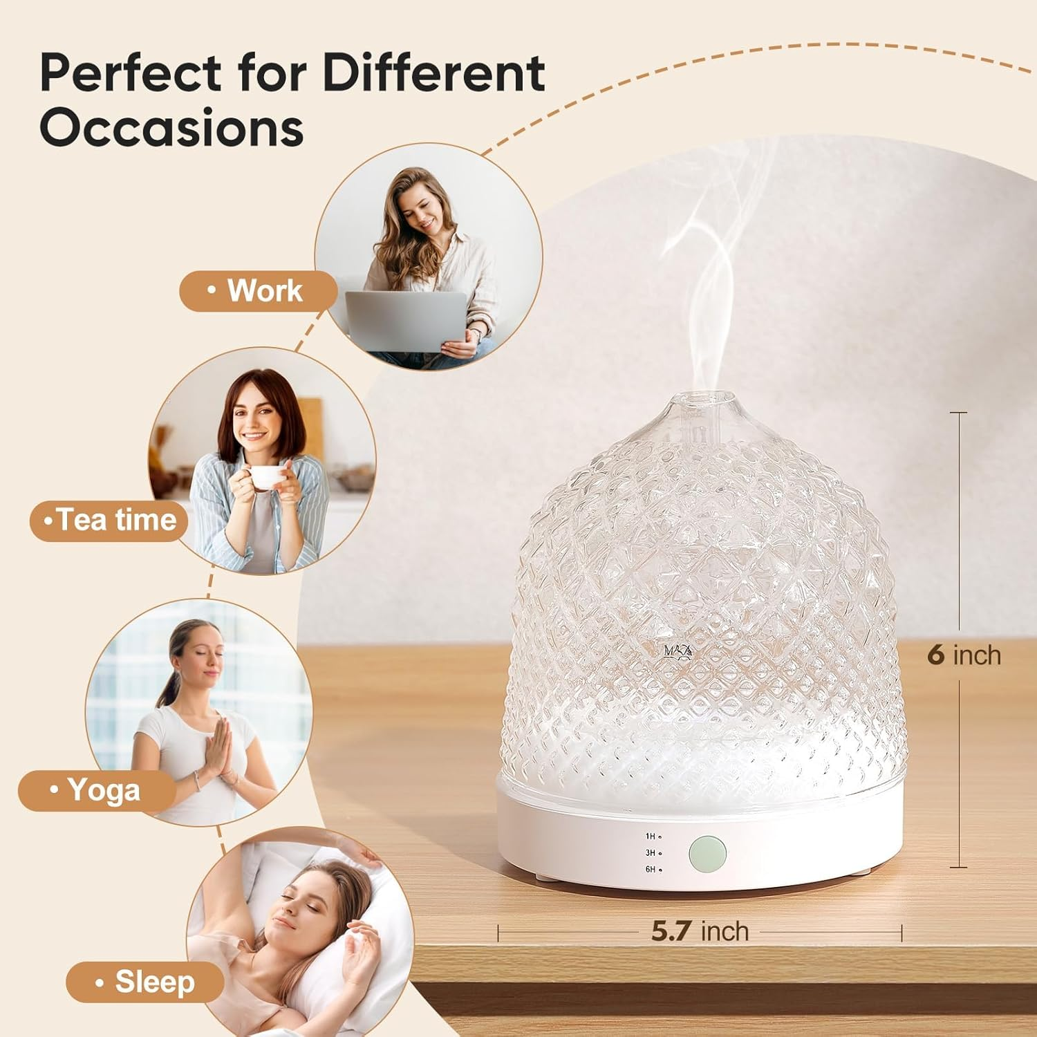 Liuruiyu Glass Essential Oil Diffuser, 200Ml Ultrasonic Aroma Diffusers with Glass Reservoir Dome Lock Color Auto-Off Timer 7 Color Light for Gift Home Office Bedroom (White) (Clear)