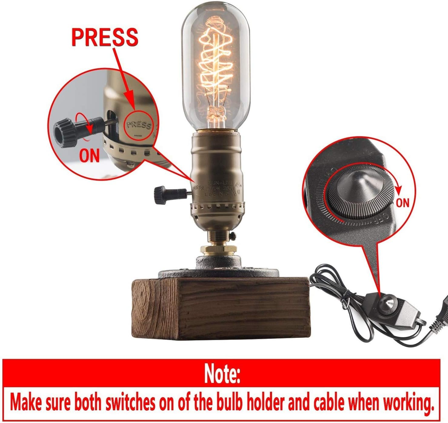 JINYU Weathered Wood Night Light Table Lamp Vintage Desk Lamp E26/E27 Edison Bulb Wooden Base Retro Industrial Steampunk Iron Pipe Flange Dimmable Nightlight for Bedroom Living Room Home Art Display image number 3