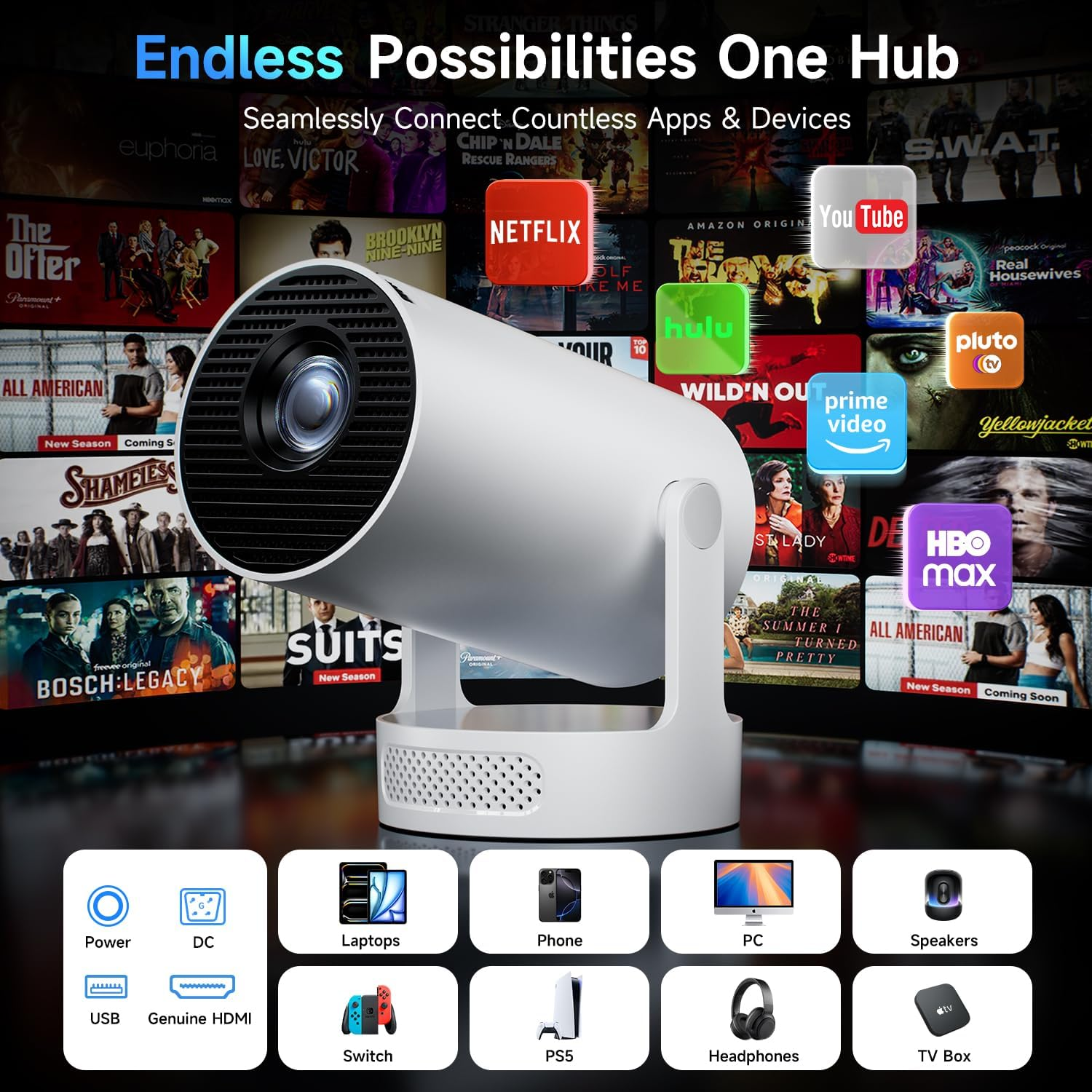 Kimwood Projector with Upgraded Base Speaker, [Built-In Apps] Mini Portable Projector Lower Noise Auto Keystone Wifi 6 Bluetooth 5.4, 0.8:1 Ultra Short Throw Projectors for Big Screens in Small Rooms