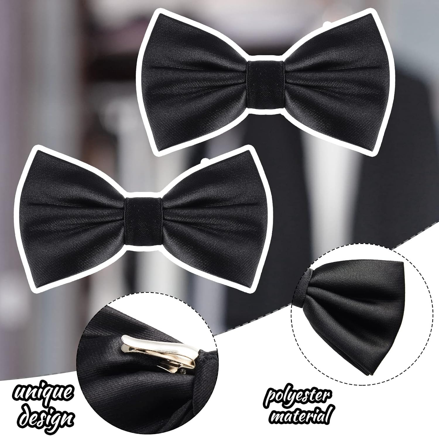 Geyoga 2 Packs Clip on Bow Ties for Men Solid Bow Tie for Costume Wedding Party(Black), Black image number 1