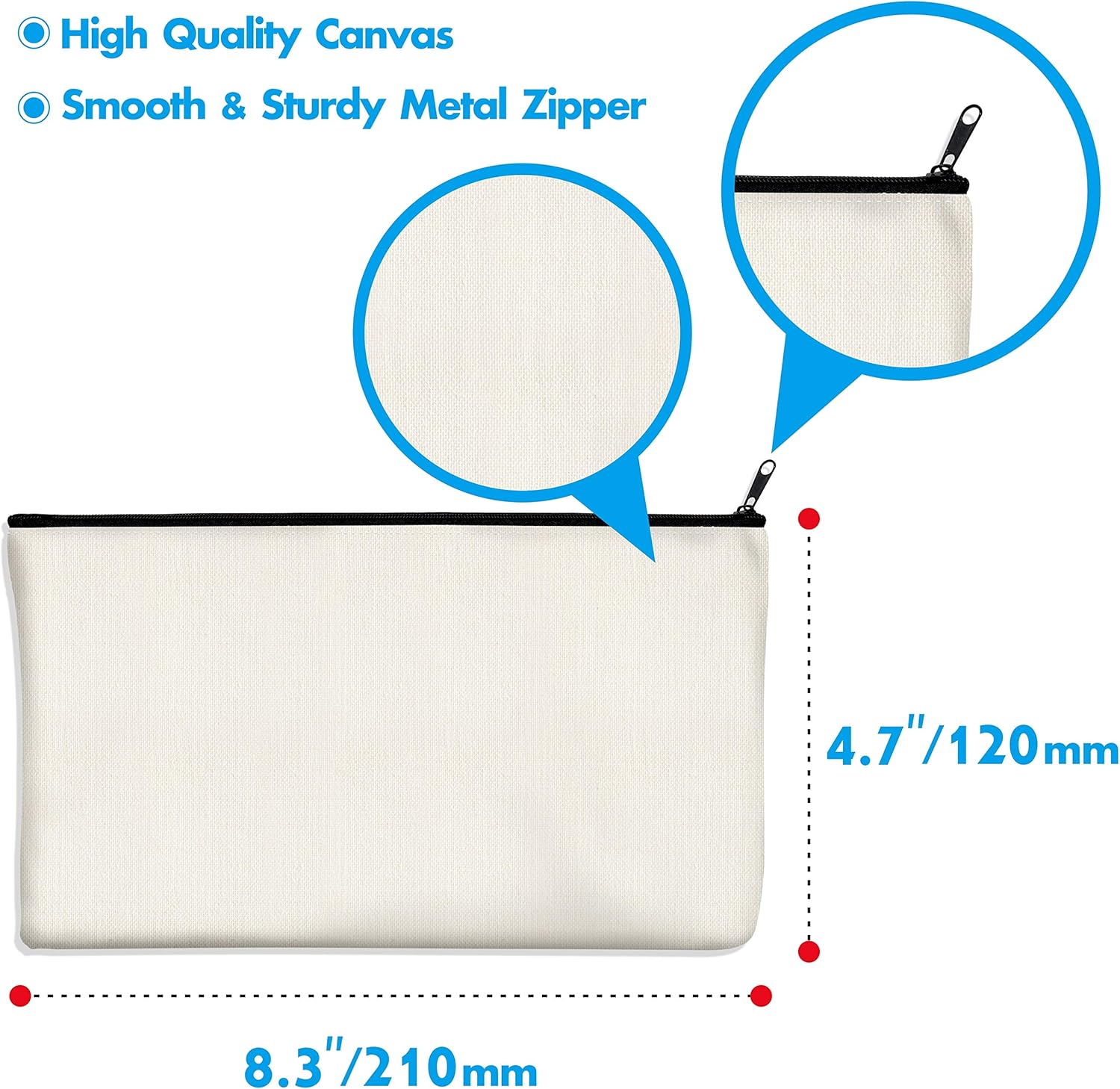 Vantasii 15 Pack Blank Cotton Canvas DIY Craft Zipper Bags Pouches Pencil Case for Makeup Cosmetic Toiletry Stationary Storage (Off White, 8.3&rdquo; X 4.7&rdquo;) - Black image number 3