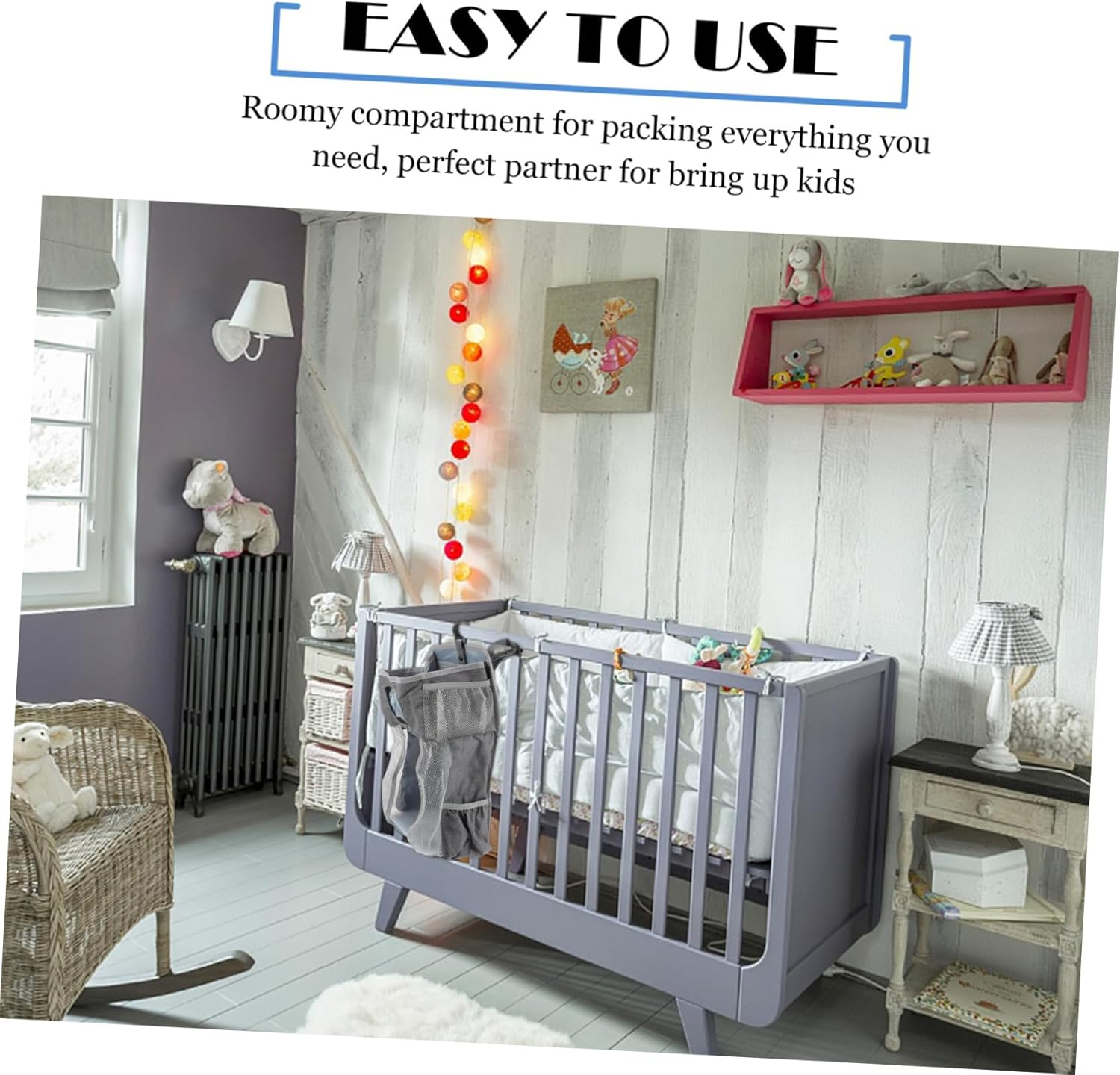 Hanging Diaper Pouch Nappy Storage Organiser for Nursery Toy and Milk Bottle Compartment image number 2