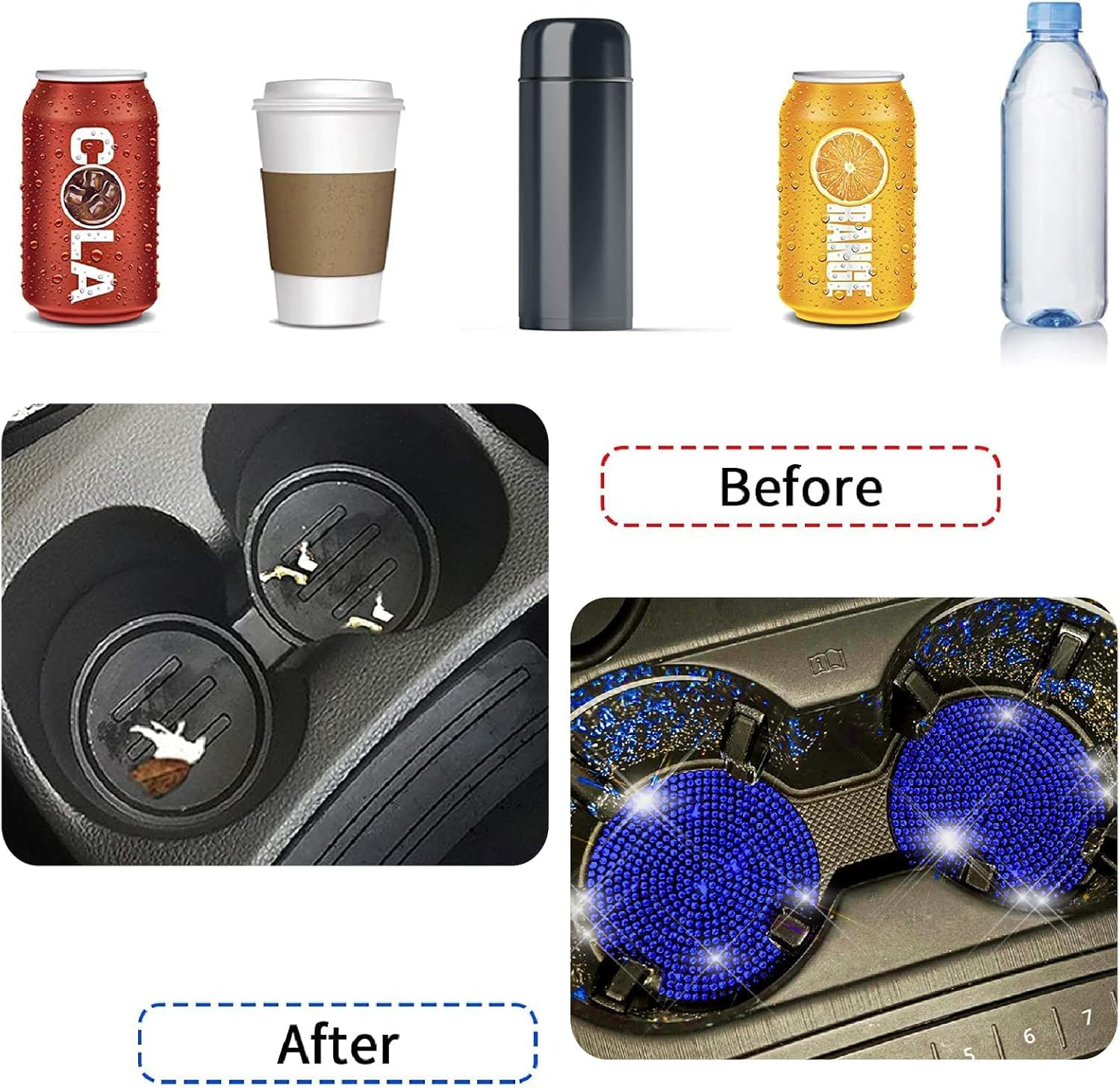 2 Pack Car Cup Holder Coaster,Fashion Anti-Slip Shockproof Universal Vehicle Cup Holders Coasters Insert Bling Crystal Rhinestone Auto Automotive Interior Accessories for Women (Blue) image number 6