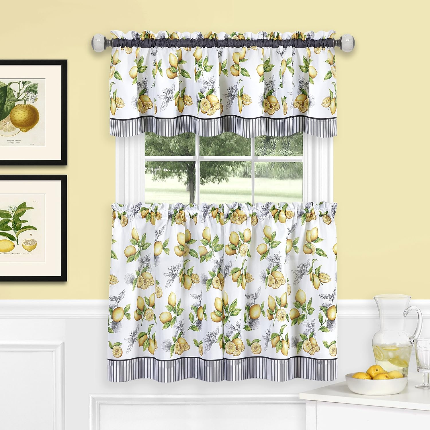 Light Filtering Window Curtain, Printed Tier & Valance Set - 58 Inch Length, 36 Inch Width - Lemon Drop (Yellow), Machine Washable Drape for Kitchen, Bedroom, Living, & Dining Room by Achim Home Decor image number 1