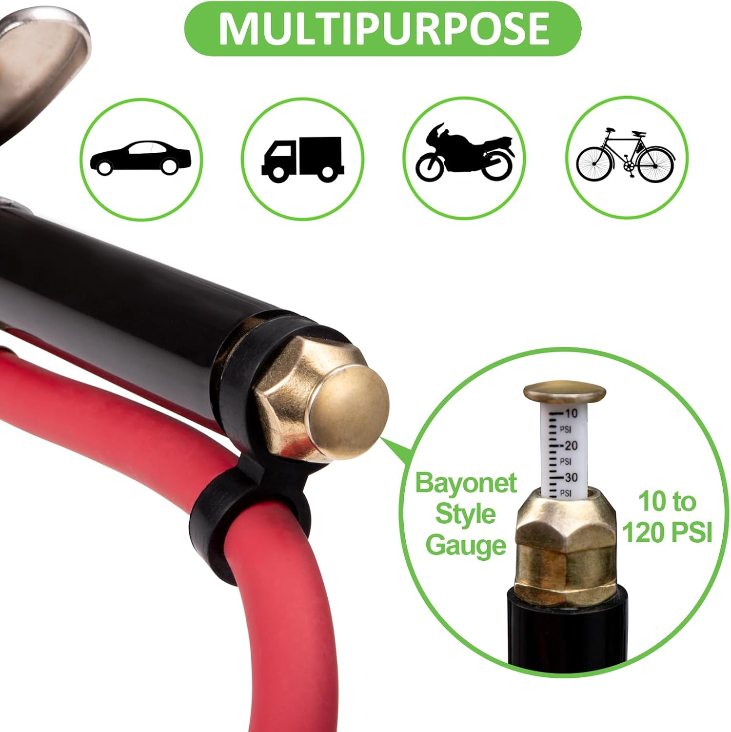 Spurtar 10-120 PSI Car Tire Inflator Gauge with 4 Way Tool and Valve Cores Automobiles Tire Pressure Gun with 12" Hose for Truck Motorcycle Bicycle image number 6