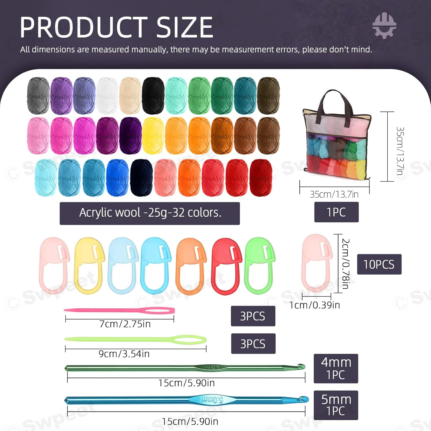 Swpeet 51Pcs Crochet Yarn Kit, Including 32Pcs Multicolor Acrylic Yarn Skeins, 10Pcs Stitch Markers, 6Pcs Plastic Knitting Needle, 2Pcs Crochet Hooks and 1Pc Bag for Crocheting and Knitting image number 5