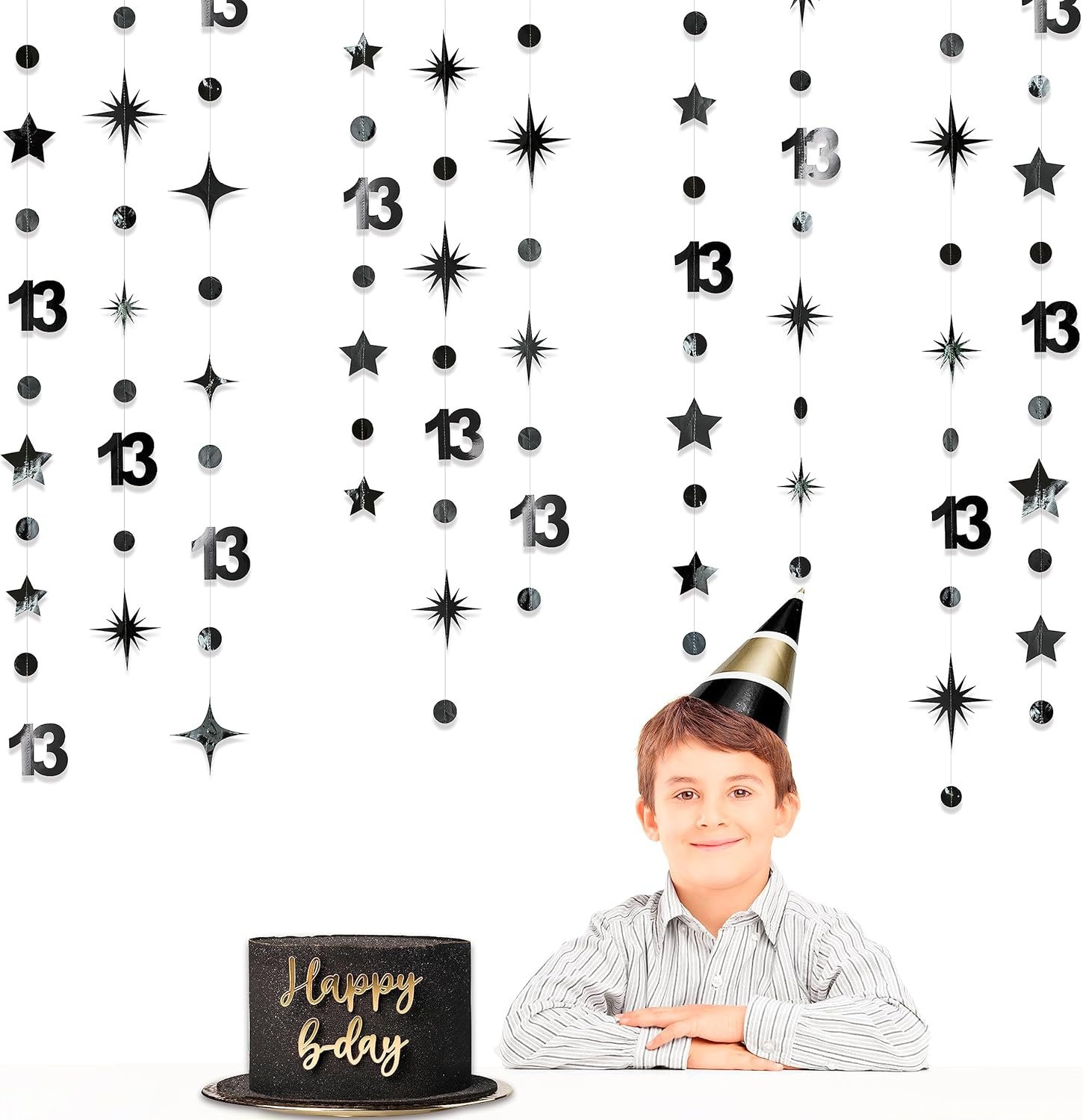 Black 13Th Polka Dot Star Garland Streamer Metallic Paper Black 13 Sign Hanging Bunting Banner for Boy Official Teenager Thirteen Birthday Happy 13 Years Old 13Th Anniversary Party Decoration Supplies