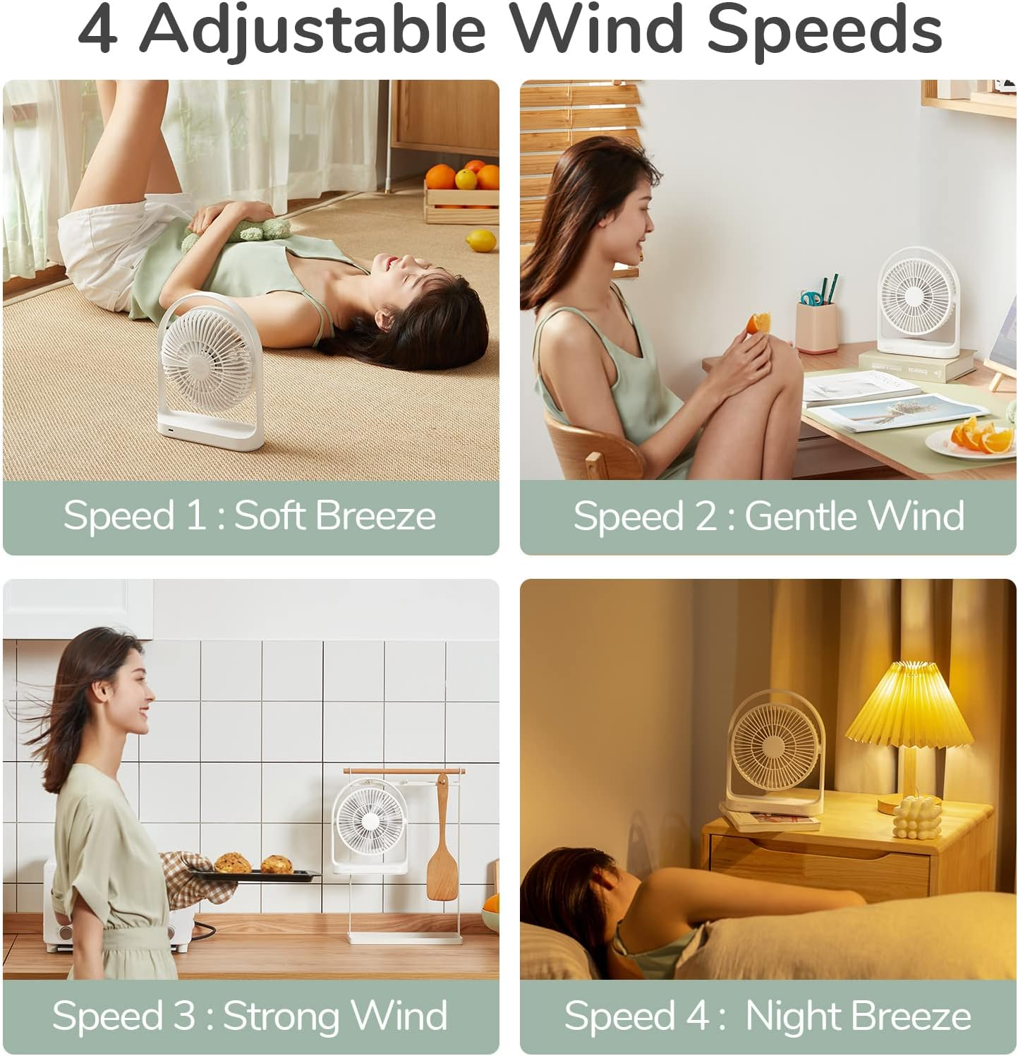 JISULIFE Desk Fan, Small Portable Battery Operated Desktop Fan with 4 Speeds, Max 15 Hrs, Strong Airflow, Ultra Quiet, 4000Mah USB Rechargeable Electric Table Fan for Office/Room/Travel-White image number 1