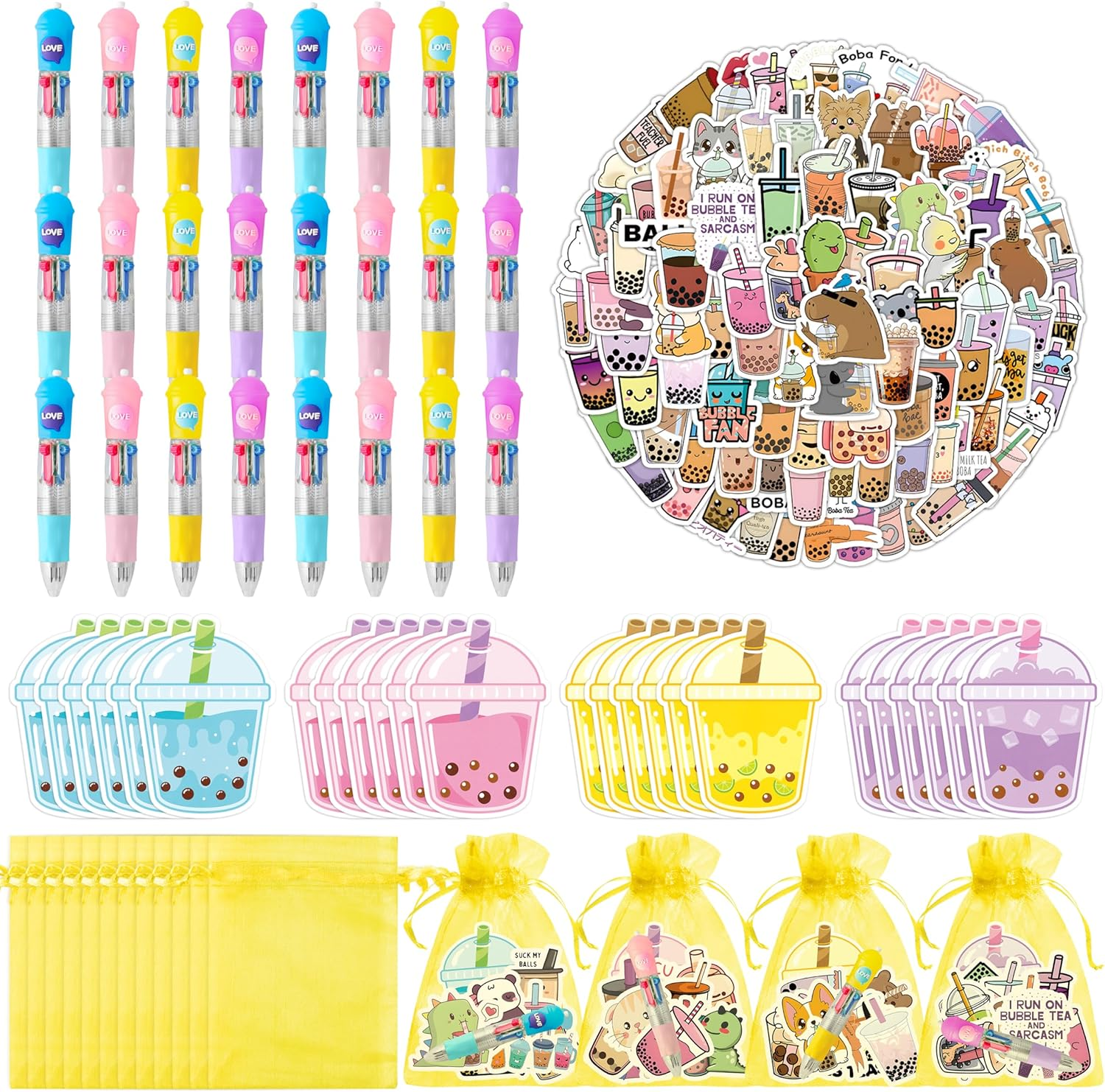 CY2SIDE Bubble Tea Stationery Party Gift - 24 Pack Boba Milk Tea Prizes Set Include 4-In-1 Ballpoint Pens Sticky Note Sticker and Organza, Birthday Party Favor Goodie Bag Fillers for School Rewards
