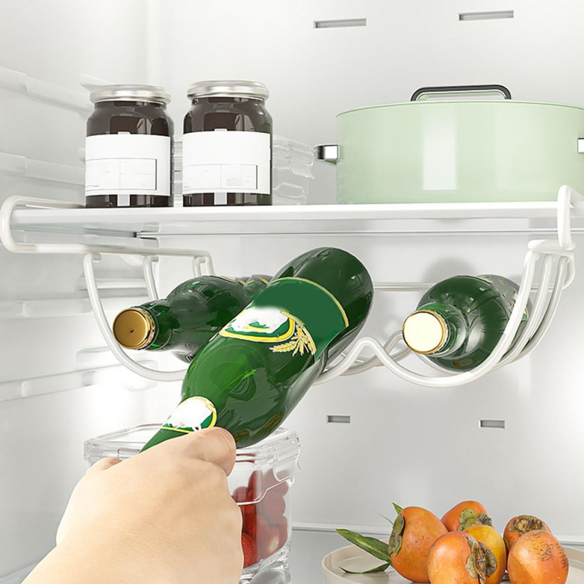 COLLBATH White Metal Beer Storage Rack Fridge Organizer under Shelf Bottle Holder Space-Saving Kitchen Refrigerator Wine and Water Bottle Organizer for Home image number 3