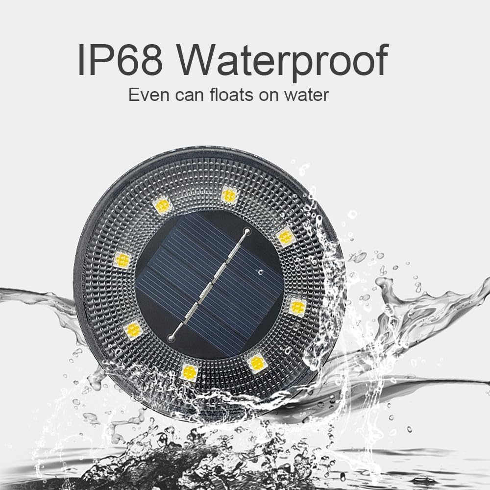 Solar Light Outdoor Ground 8Pcs 8 Leds Stainless Steel Disk Lamp IP68 Waterproof Wireless with Spike, for Path Gargen Landscape Lighting (Warm Light)