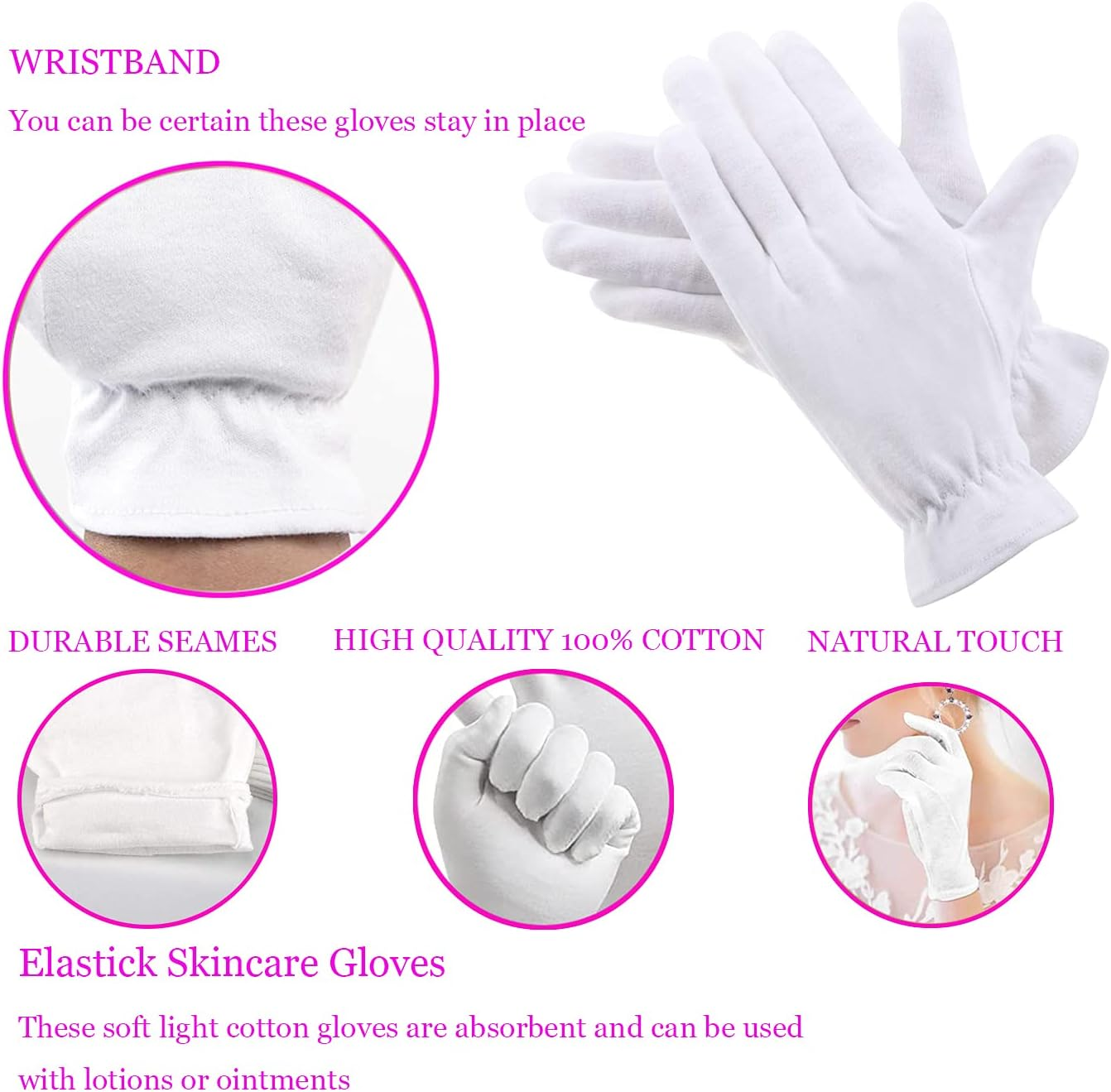 100% Cotton Gloves for Eczema,1 Pairs White Cotton Moisturizing Gloves over Night Bedtime | Cosmetic Inspection Premium Cloth Quality | Dry Sensitive Irritated Skin Spa Therapy Secure Wristband image number 1
