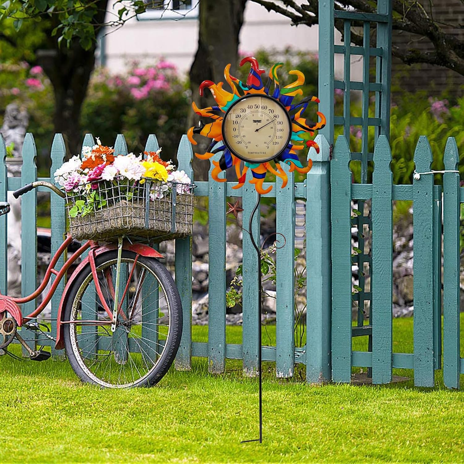 Metal Sun Thermometer Indoor Outdoor Ornament Wall Art Decor, Sun Plaque Sculpture Hanging Mounted for Living Room Bedroom Kitchen Patio for Home or Garden, No Battery Required (ORANGE SUN STAKE) - Orange image number 4