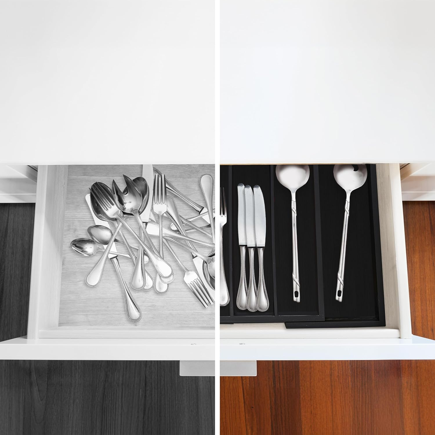 Relaxdays Bamboo Cutlery Tray, Extendable, 7 Compartments, for Utensils, 5.5 X 31.5-48.5 X 37 Cm, Drawer Insert, Black image number 5