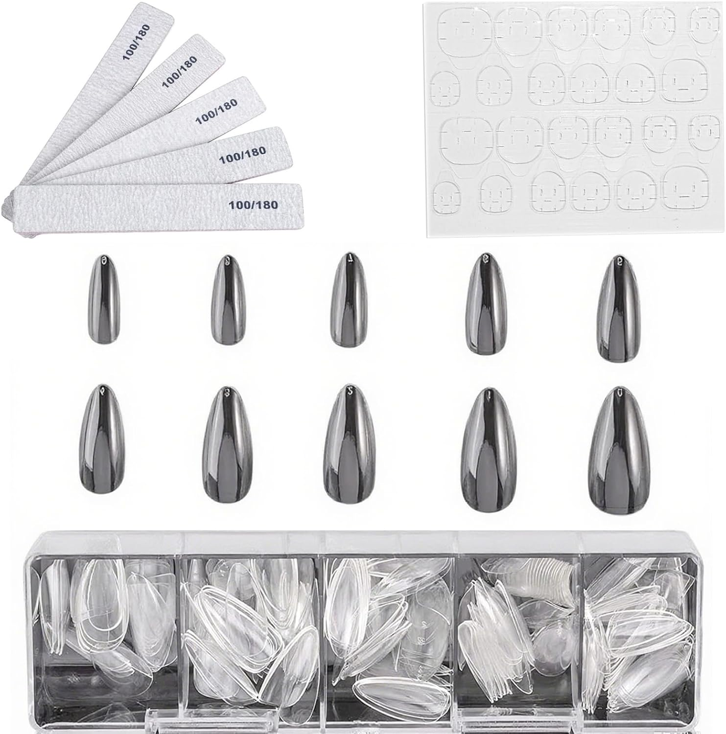 500 Short False Nails Almond, 10 Sizes Full Cover Press on Nails with 20 Sheets (480 Pieces) Transparent Nail Adhesive Tabs and 5 Pieces 100/180 Grit Nail Files for Nail Salons and Home image number 3