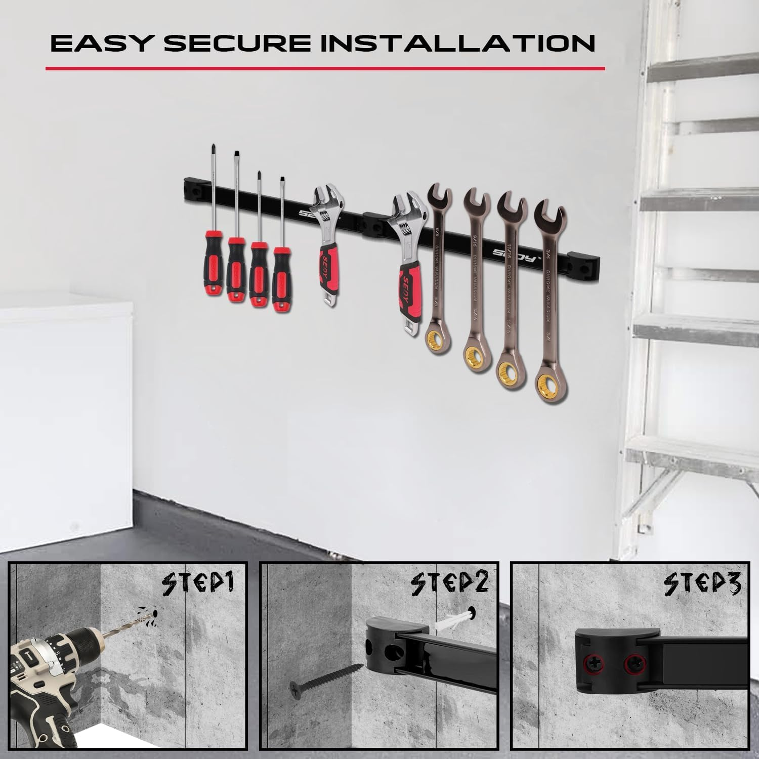 Magnetic Tool Holder Storage Organizer: 7-Piece Garage Wall Mount Rack Organization Strip Power Magnet Organizers Mounted Workbench Board Slatwall Van Hanger image number 4