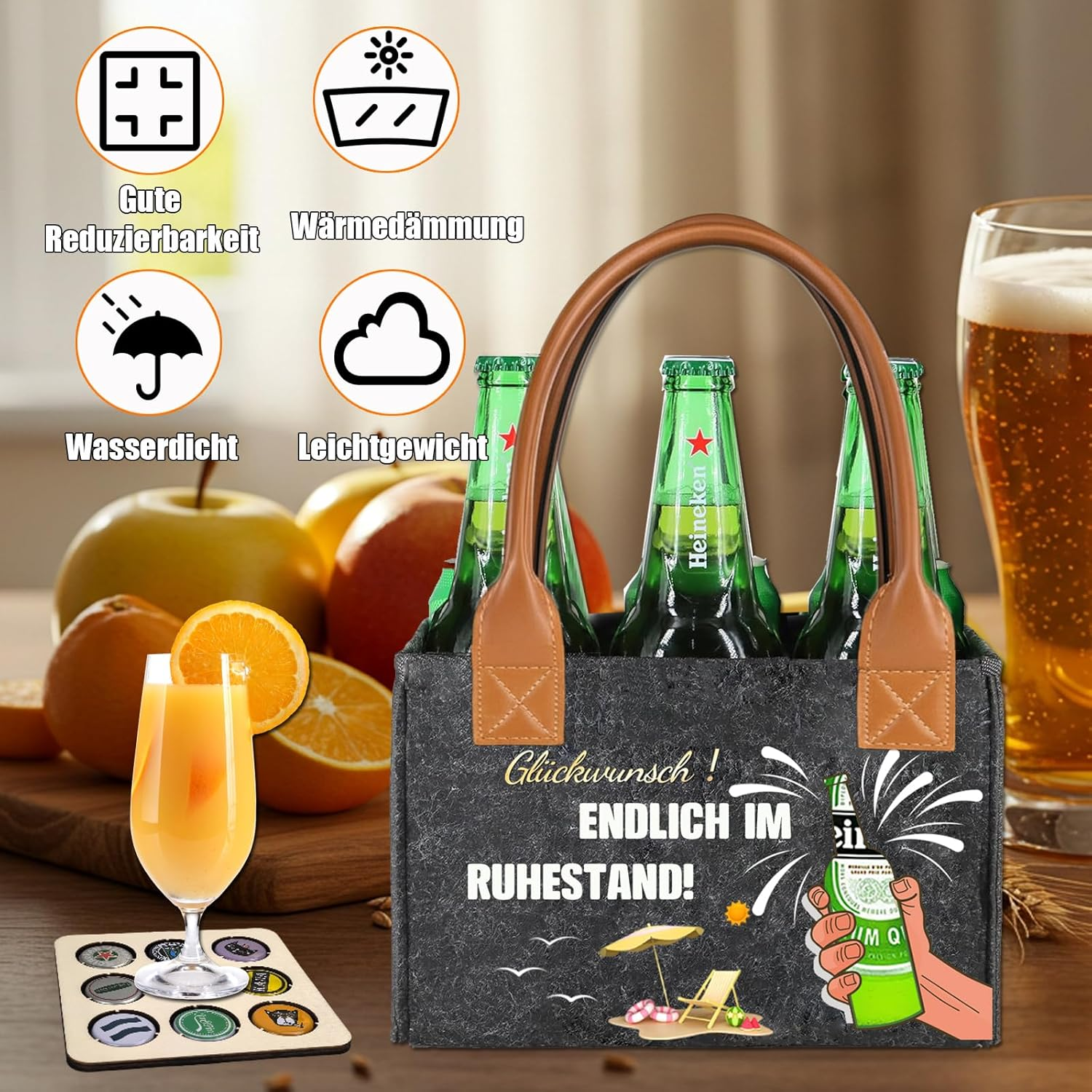 Retirees Gift, High Quality Felt Beer Bag for 6 Bottles with Bottle Opener & Greeting Card & Collector of Beer Bottle Caps - Ideal Retirement Gift for Men, Friends, Coworkers, Gray image number 6