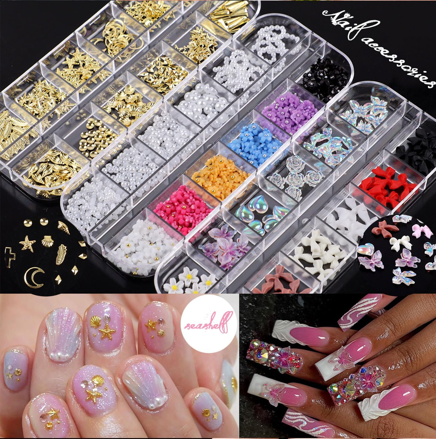 Nail Charms, Nail Rhinestones Kit with 6 Boxes of Nail Gems, 3D Charms for Nails, Colorful Clear Flatback Rhinestones, Charms Y2K for Nails, Multi Shape Pearls Jewels for Crafts