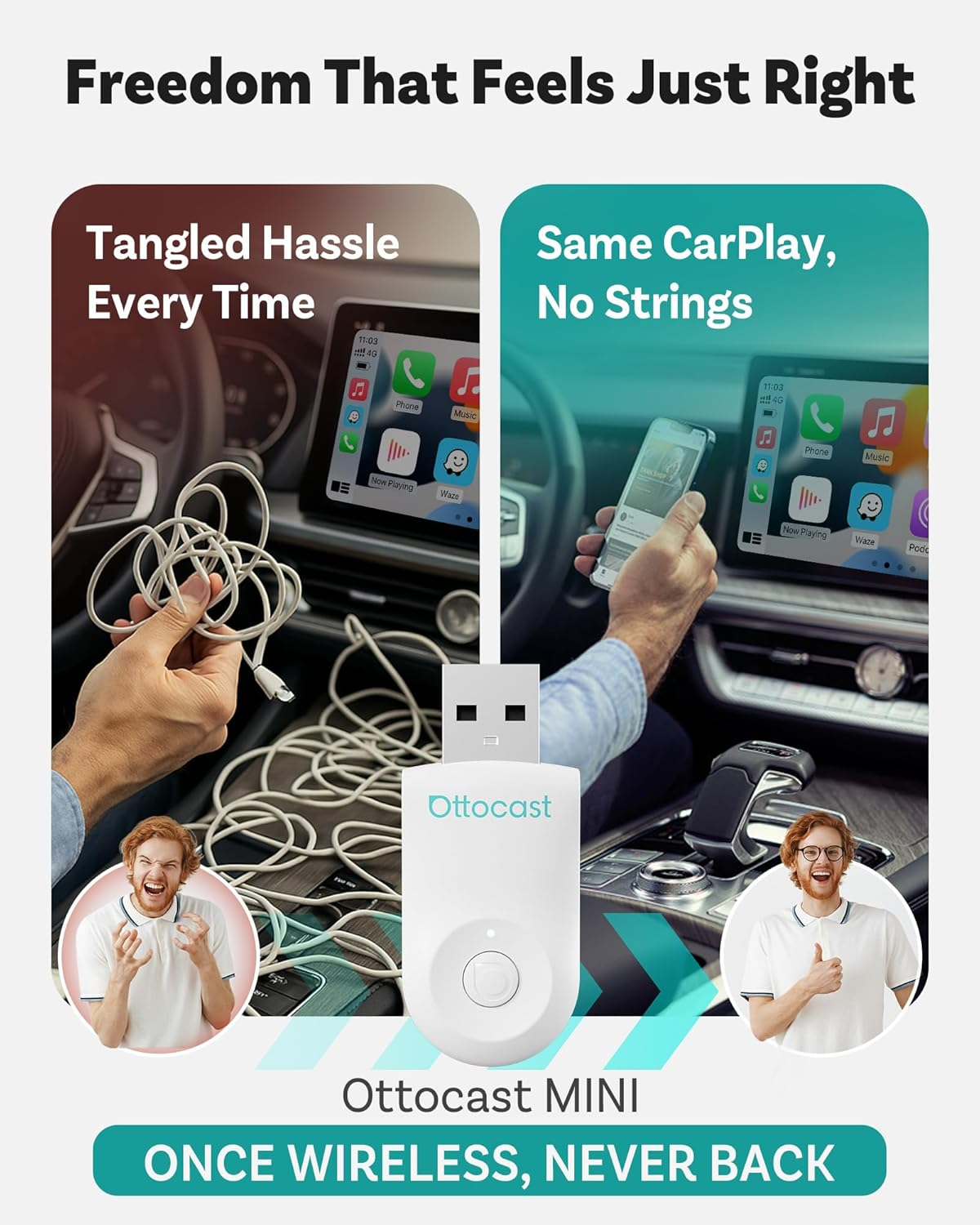 OTTOCAST Mini 2025 Wireless Carplay & Android Auto 2-In-1 Adapter, Plug & Play, 5Ghz Wifi, Auto Connect for Iphone & Android, Fits 98%+ OEM Wired Carplay Cars（Ca505-T1-White） image number 4