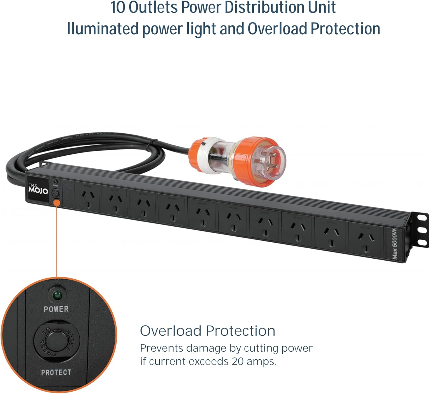 Tecmojo 10 Outlet Vertical Rack Mount PDU Power Strip,Power Distribution Unit for Server Cabinet, 2M Power Cord, Industrial Plug, Overload Protection, 250V 50/60HZ, Black image number 2