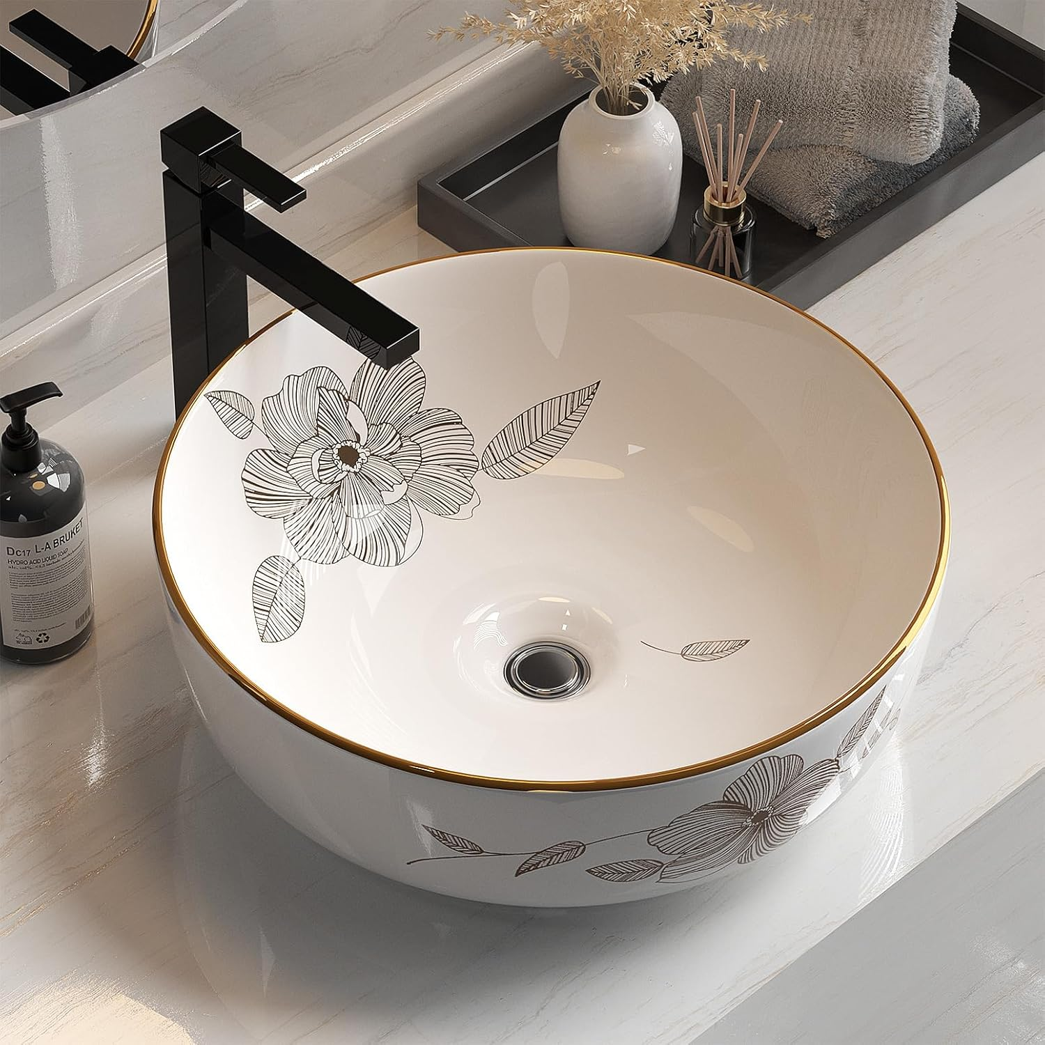 Cefito Bathroom Basin Vanity Sink, Ceramic Hand Wash Basins Vessel Sinks above Counter Top Tools Kitchen Home Improvement, round Shape High Gloss Finish Scratch-Resistant with Pattern White image number 3