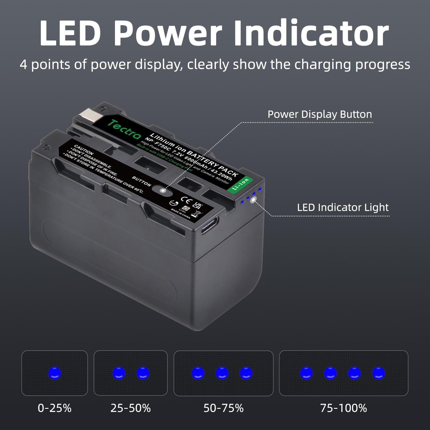 Tectra 6000Mah NP-F750 Battery 2 Pack, USB-C Replacement Battery for Sony NP-F550 F570 F750 F770 F950 F960 F970, Compatible with LED Video Light/Monitor/Ring Light (Not for Camera) image number 3