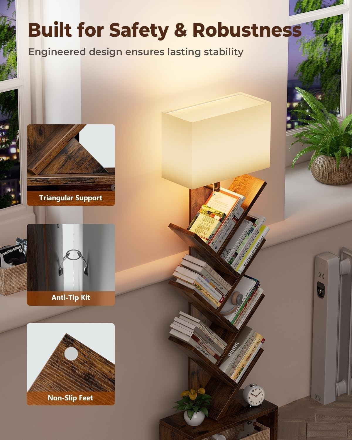 WAMBORY 6 Tier Tree Bookshelf with Light for 3 Color Temperature, Vertical Bookcase Tower for Books,Cds,Standing Book Organizer with Storage Cabinet, Corner Display Bookshelf Lamp for Living Room image number 3